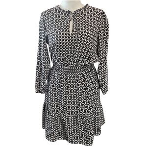LOFT Floral Keyhole Dress Womens L Black White Long Sleeve Smocked Waist